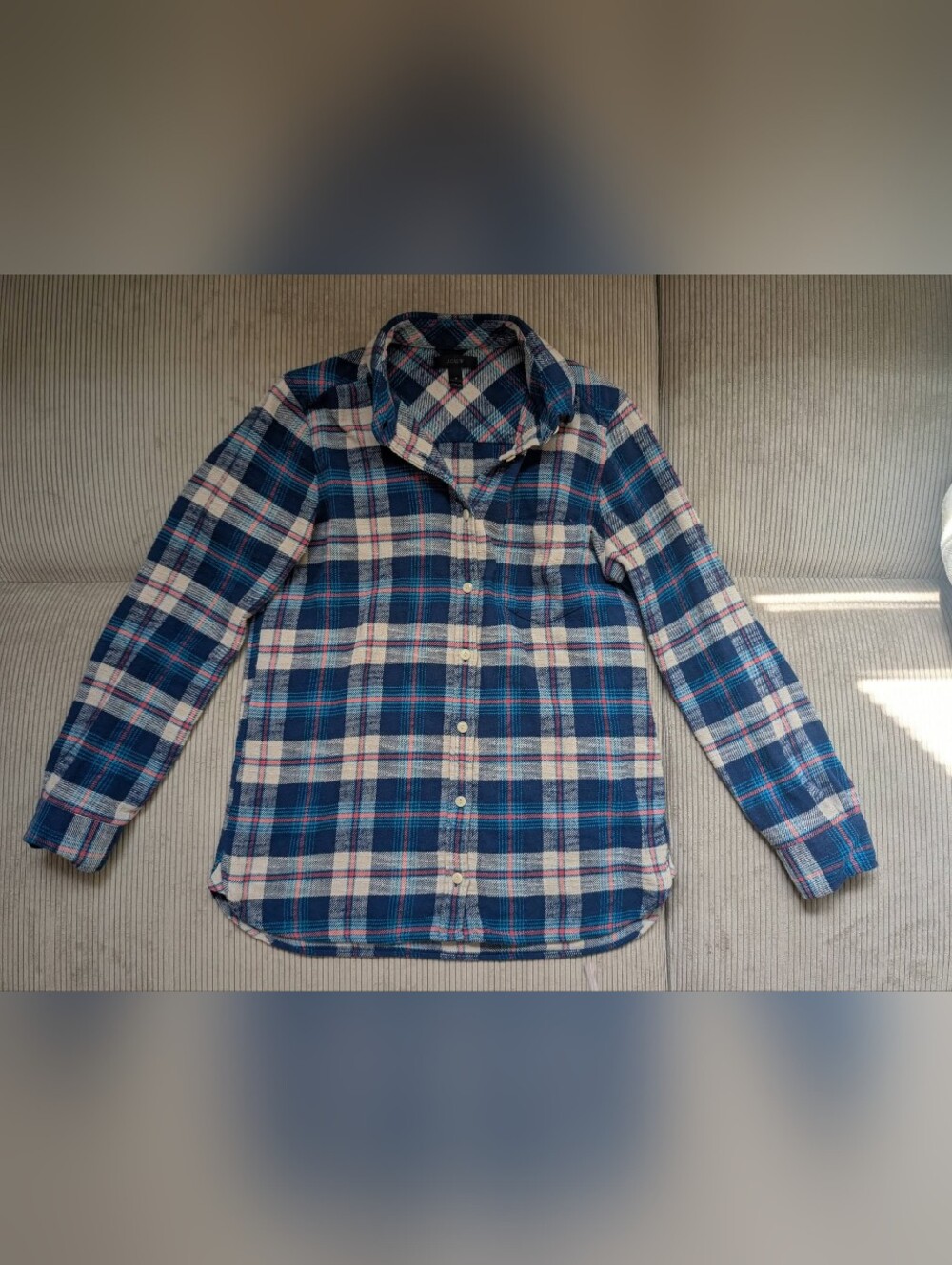 J. Crew Navy Plaid Flannel Shirt with Cream and Pink Accents